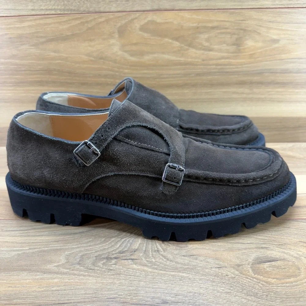 ELEVENTY Mens Double Monk Strap Dress Shoes 12 Moc Toe Brown Suede Lite Soles